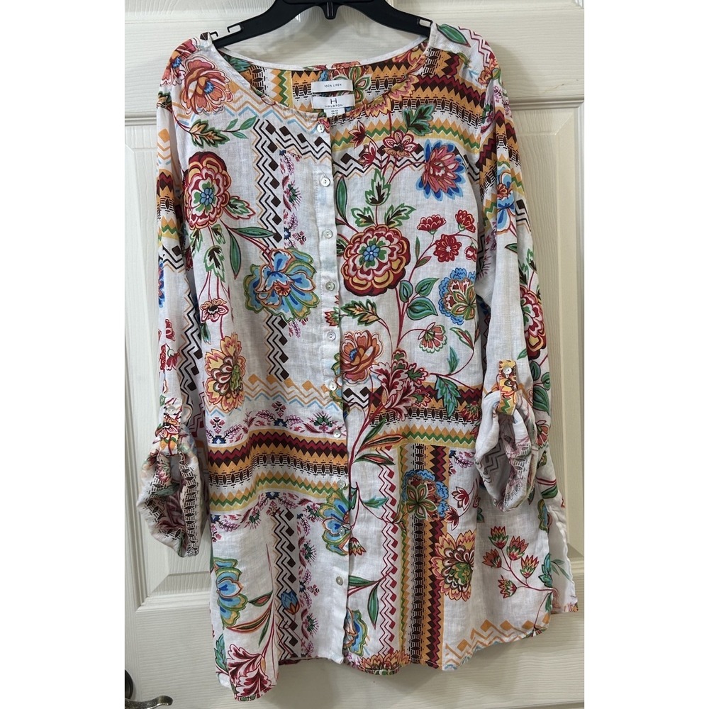 H Halston 100% Linen Tunic 1X Colorful Floral Artsy Long Slv Roll Tab Wmns EUC